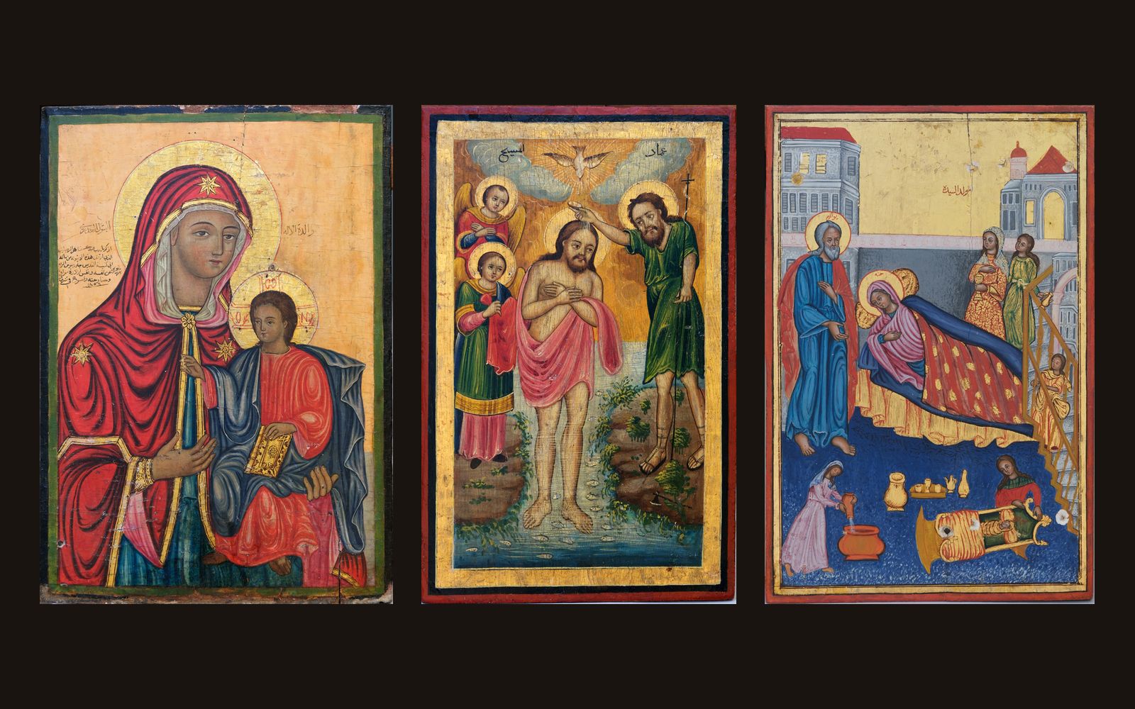 Three restored icons from the Émile Hannouche Collection: the Virgin and Child, the Baptism of Christ, and the Nativity of the Virgin.