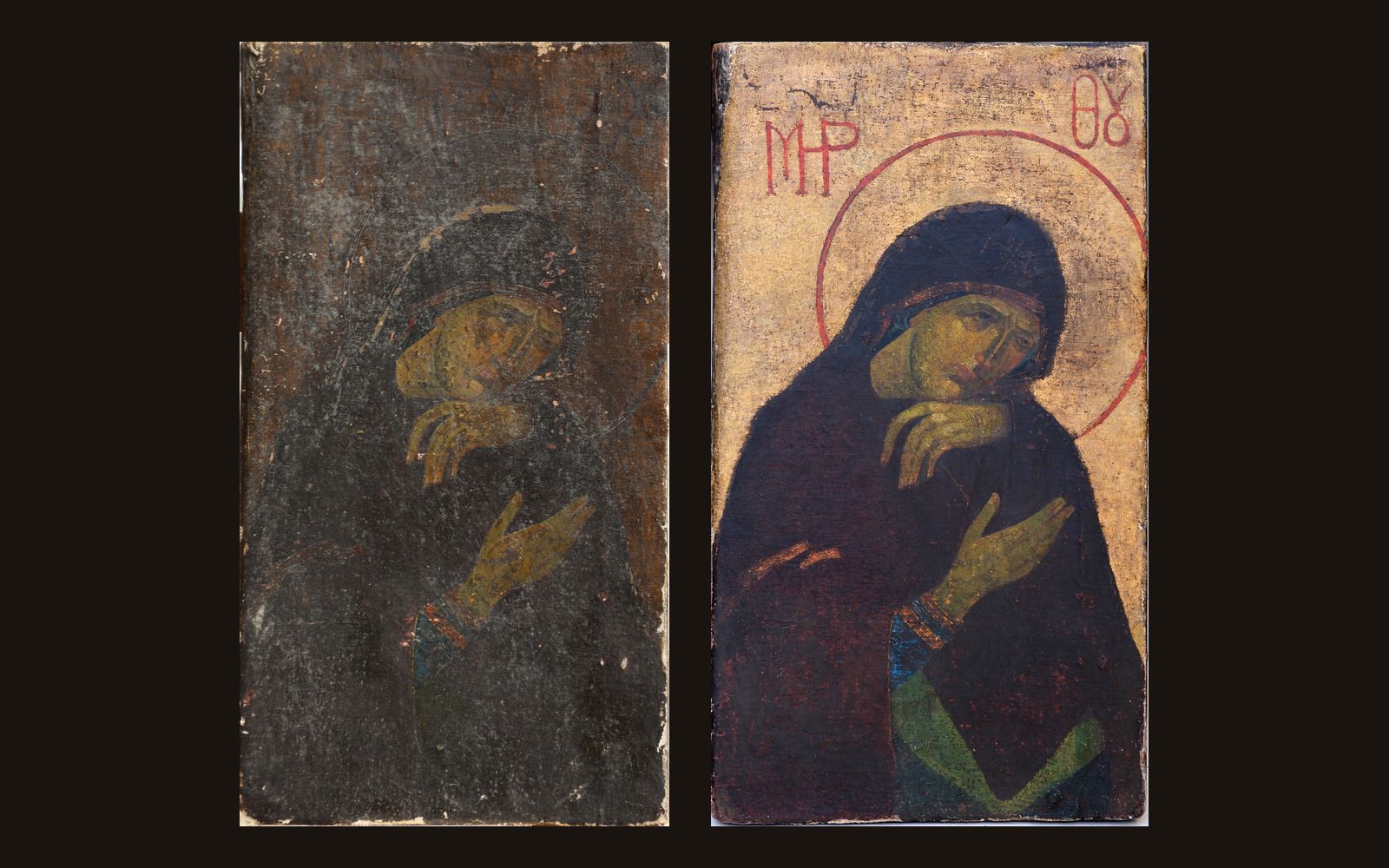 The Virgin of Sorrow before and after restoration.